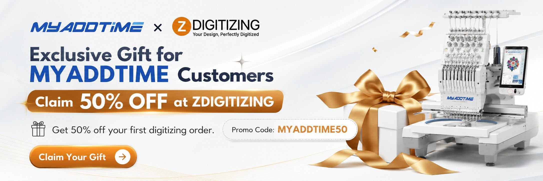 MYADDTIME and ZDigitizing - claim 50 percent off your first digitizing order with promo code MYADDTIME50